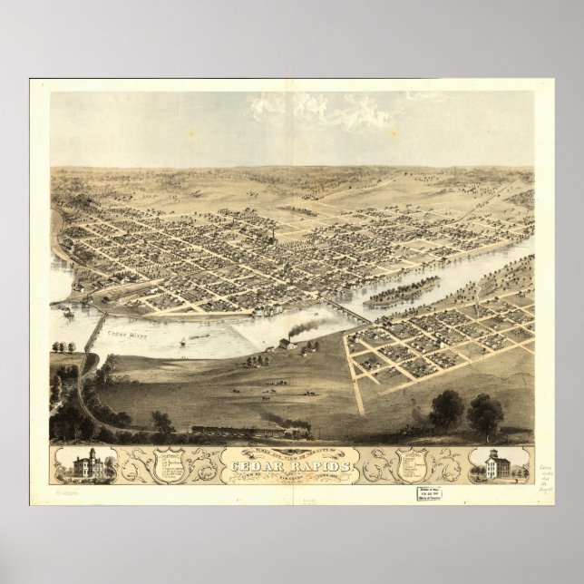 Cedar Rapids Iowa 1868 Antique Panoramic Karta Poster (Framsidan)