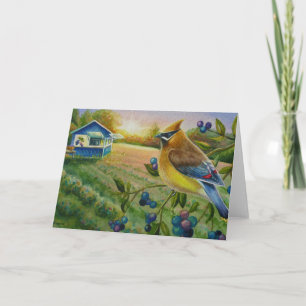 Cedar Waxwing Bird Blueberry Farm Watercolor Art Kort