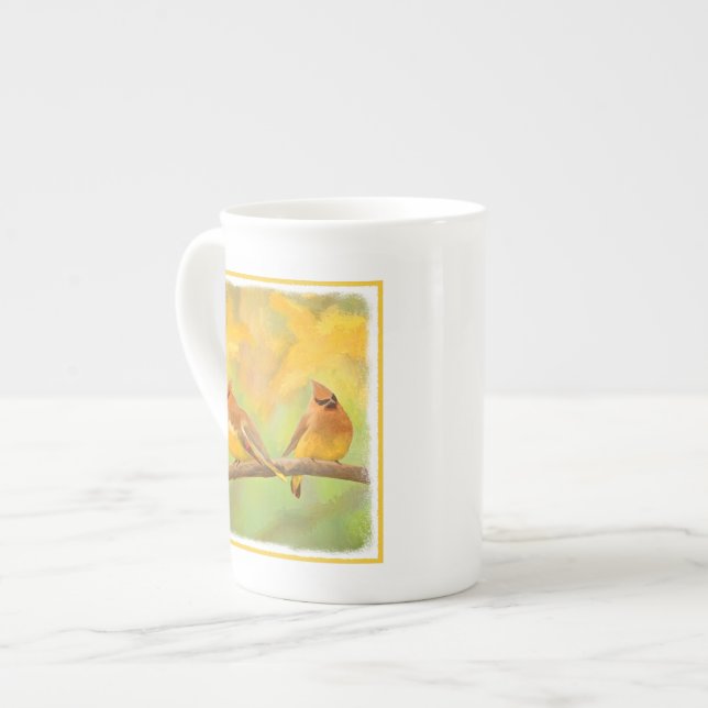 Cedar Waxwing Painting - Cute Original Hund Art Benporslin Mugg (Framsida vänster)
