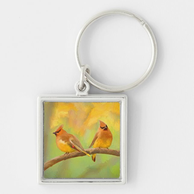 Cedar Waxwing Painting - Cute Original Hund Art Fyrkantig Silverfärgad Nyckelring (Framsidan)