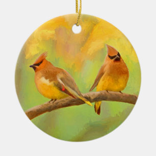Cedar Waxwing Painting - Cute Original Hund Art Julgransprydnad Keramik