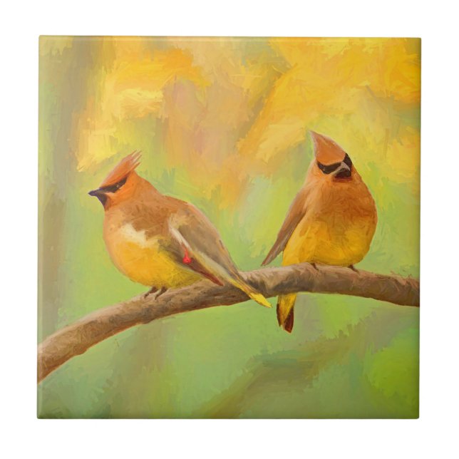 Cedar Waxwing Painting - Cute Original Hund Art Kakelplatta (Framsidan)