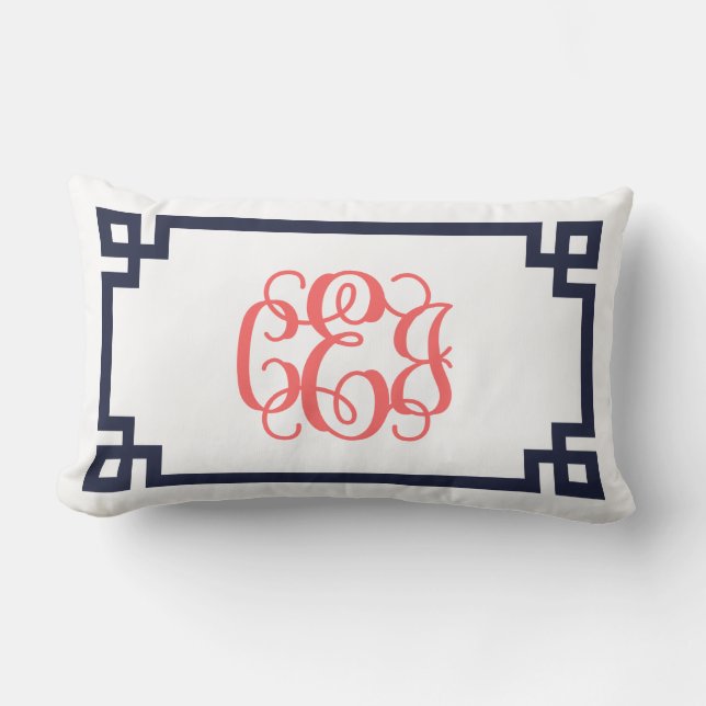 CEJ Navy och Coral Grekiska Nyckel Script Monogram Lumbarkudde (Framsida)