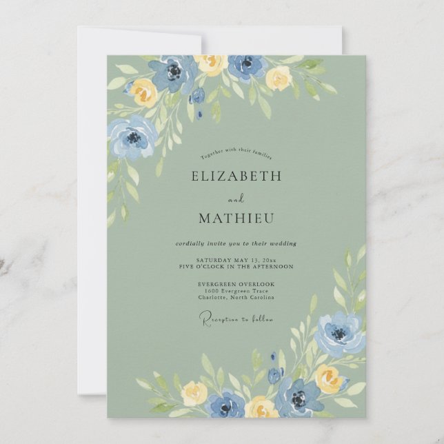 Celadon Azure Ranunculus Dammig Eukalyptus Bröllop Inbjudningar (Framsida)