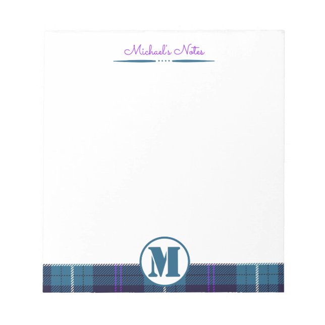 Celadon Blå-Mörkblå Rutig Tartan Monogrammerad Anteckningsblock (Framsida)