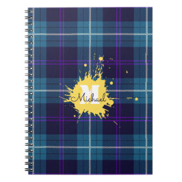 Celadon Blue Play Tartan Gult Stänk Monogram Anteckningsbok