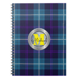 Celadon Blue Play Tartan Metallic Steel Monogram Anteckningsbok
