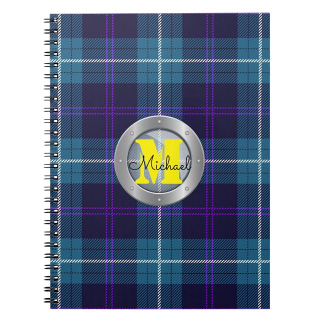 Celadon Blue Play Tartan Metallic Steel Monogram Anteckningsbok (Framsidan)