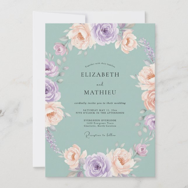 Celadon Dammig Mauve Peony Bröllop Inbjudningar (Framsida)