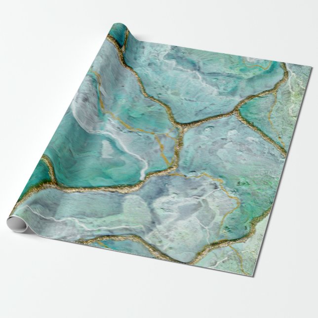 Celadon Grönt, Jade, Mint Kintsugi Geode Presentpapper (Utrullad)