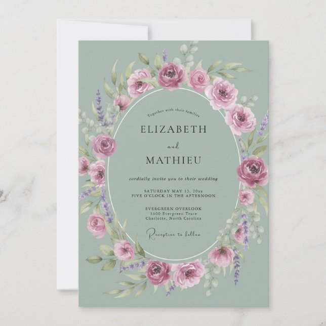 Celadon Mjuk Mauve Peony Bröllop Inbjudningar (Framsida)