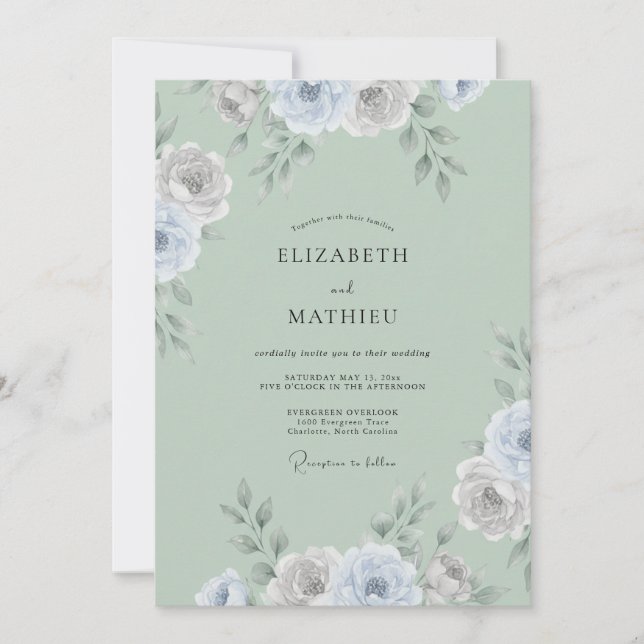 Celadon Silver Ranunculus Eucalyptus Bröllop Inbjudningar (Framsida)