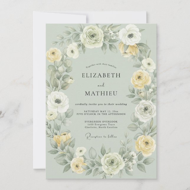 Celadon Smörig Ranunculus Eukalyptus Bröllop Inbjudningar (Framsida)