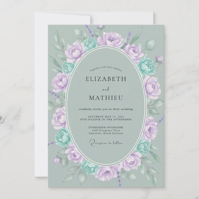Celadon Violett Bröllop Bukett Eukalyptus Inbjudningar (Framsida)