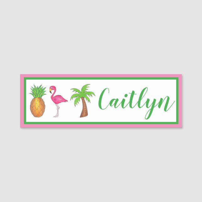 Celebrate Birthday Flamingo Handflatan Träd Pineap Namnbricka (Framsida)