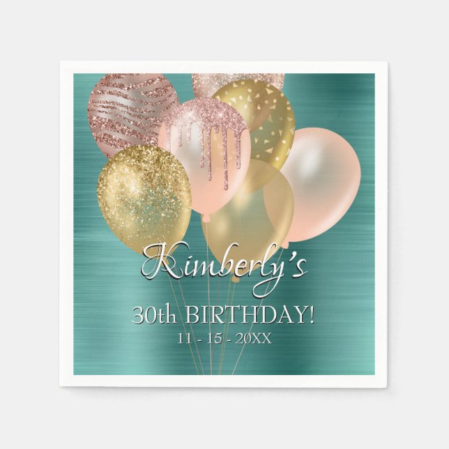 Celebrate Birthday Namn, Balloons Age Date Emerald Pappersservett (Framsidan)