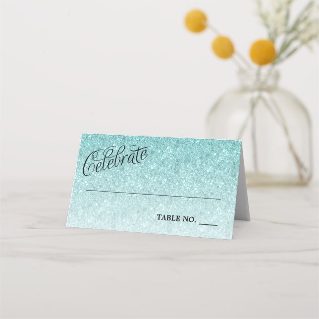 Celebrate Blue Glitter Personlig Placeringskort (Framsida)