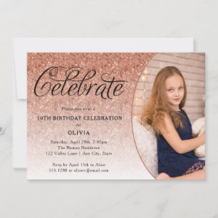 Celebrate Finare Script Ro Guld Glitter fotto Inbjudningar