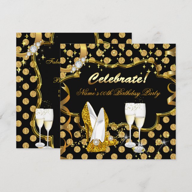 Celebrate Guld Faux Foil Polka Dot High Heel Party Inbjudningar (Fram/baksida)