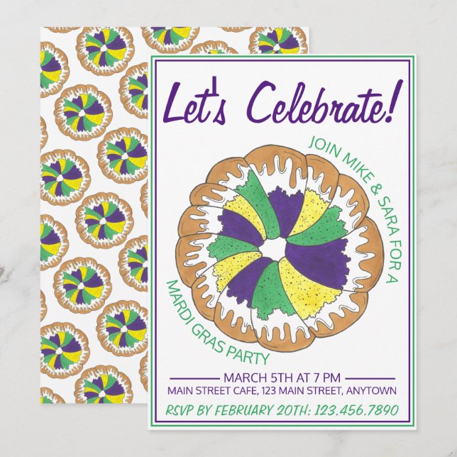Celebrate Mardi Gras Carnival Party Kung Cake Inbjudningar (Fram/baksida)
