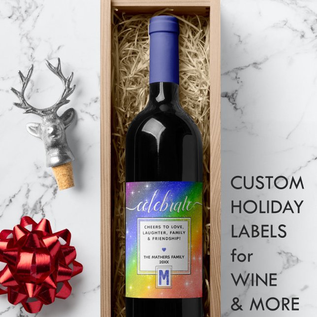 CELEBRATE 🌈 Rainbow + Monogram Vinflaska Etikett (CELEBRATE 🌈 Rainbow + Monogram Wine Label
)