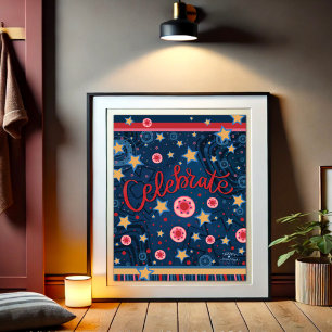 Celebrate Stars Flowers Roligt Blue Rand Poster