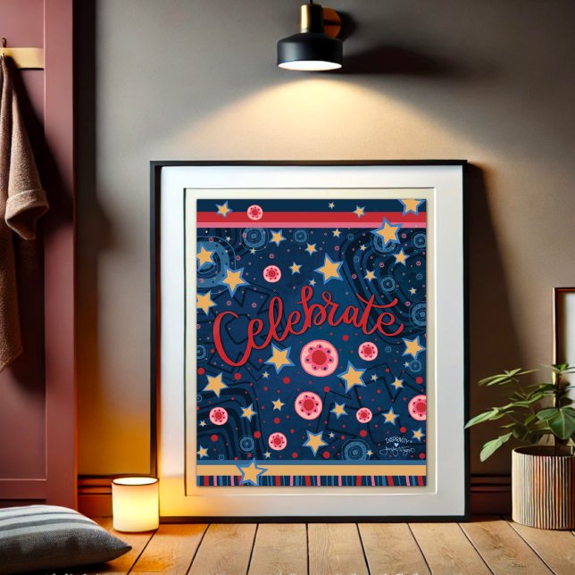 Celebrate Stars Flowers Roligt Blue Rand Poster (Skapare uppladdad)