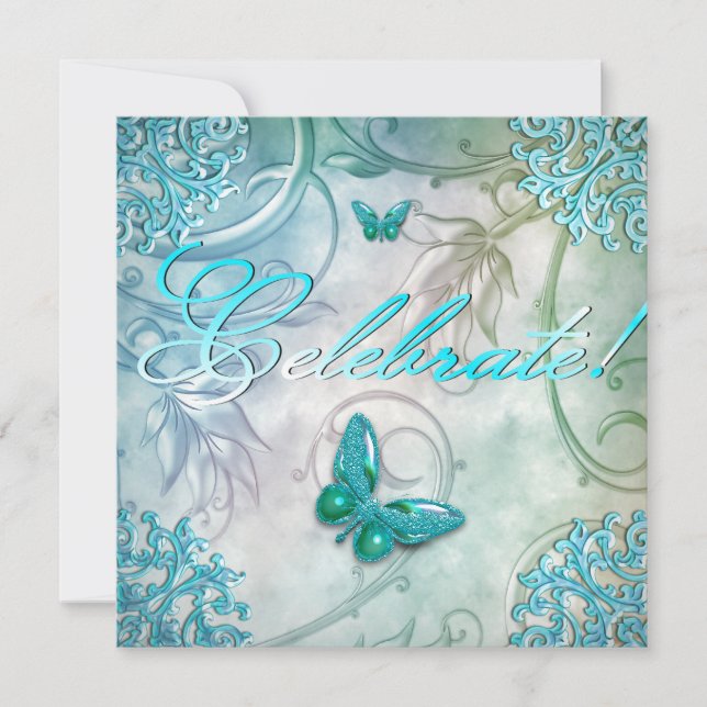 Celebrate Teal Blue Butterfly Blommigt Birthday Inbjudningar (Framsida)