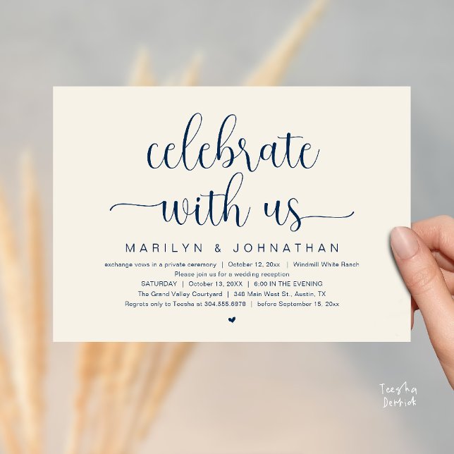 Celebrate With Us Elegant Wedding Reception Dinner Inbjudningar (Celebrate With Us Elegant Modern Wedding Reception Dinner Invitation Card in Navy Blue Ivory)