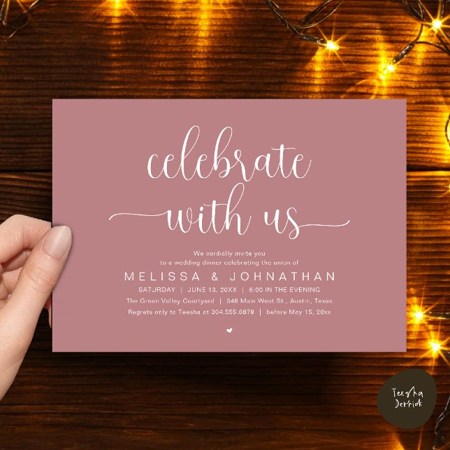 Celebrate With Us Modern Minimalist Wedding Dinner Inbjudningar (Celebrate With Us, Modern Minimalist Wedding Reception Dinner Party Invites Card Dusty Rose Pink)