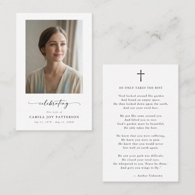 Celebrating Life Funeral Memorial Prayer Card Visitkort (Fram/baksida)