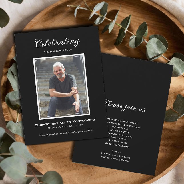 Celebration of Life Funeral Memorial Inbjudningar (Celebration of Life photo funeral black invitations, PRINTED and/or INSTANT DOWNLOAD)