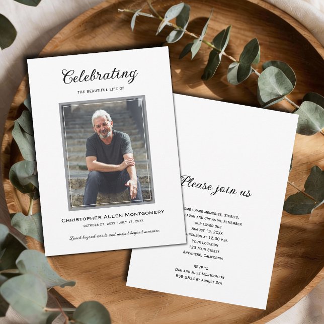 Celebration of Life Funeral Memorial Inbjudningar (Celebration of Life photo funeral memorial invitations, PRINTED and/or INSTANT DOWNLOAD)