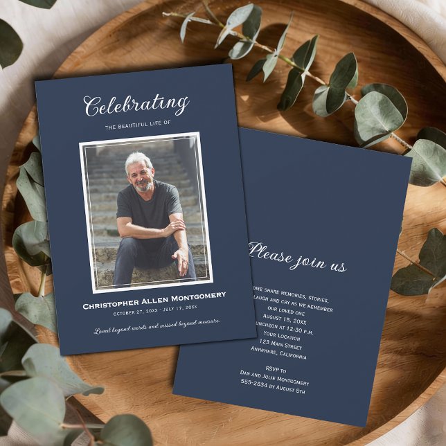 Celebration of Life Funeral Memorial Inbjudningar (Celebration of Life photo funeral memorial navy blue invitations, PRINTED and/or INSTANT DOWNLOAD)