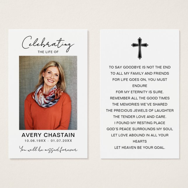 Celebration Of Life Funeral Photo Prayer Cards Visitkort (Framsida & baksida)