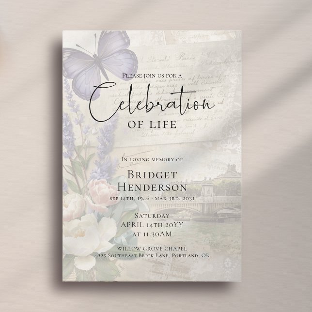Celebration of Life Purple Butterfly Peony Funeral Inbjudningar (Skapare uppladdad)