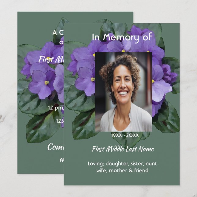Celebration of Life Service  African Violet Inbjudningar (Fram/baksida)