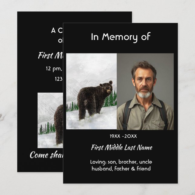 Celebration of Life Service Black Bear Animal Inbjudningar (Fram/baksida)