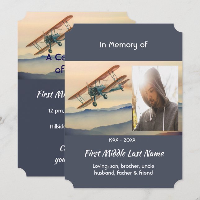 Celebration of Life Service  Clouds Biplane Sky Inbjudningar (Fram/baksida)