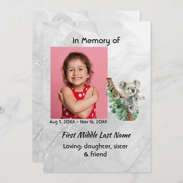 Celebration of Life Service Cute Koala Bear Kids Inbjudningar (Fram/baksida)