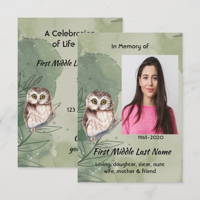 Celebration of Life Service  Cute Owl Bird Inbjudningar (Fram/baksida)