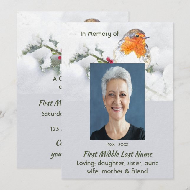 Celebration of Life Service  English Robin Bird Inbjudningar (Fram/baksida)