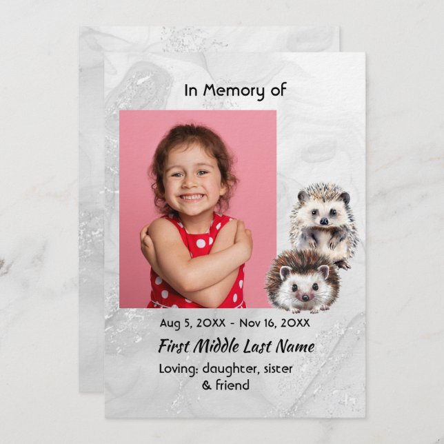 Celebration of Life Service Hedgehog Children Inbjudningar (Fram/baksida)