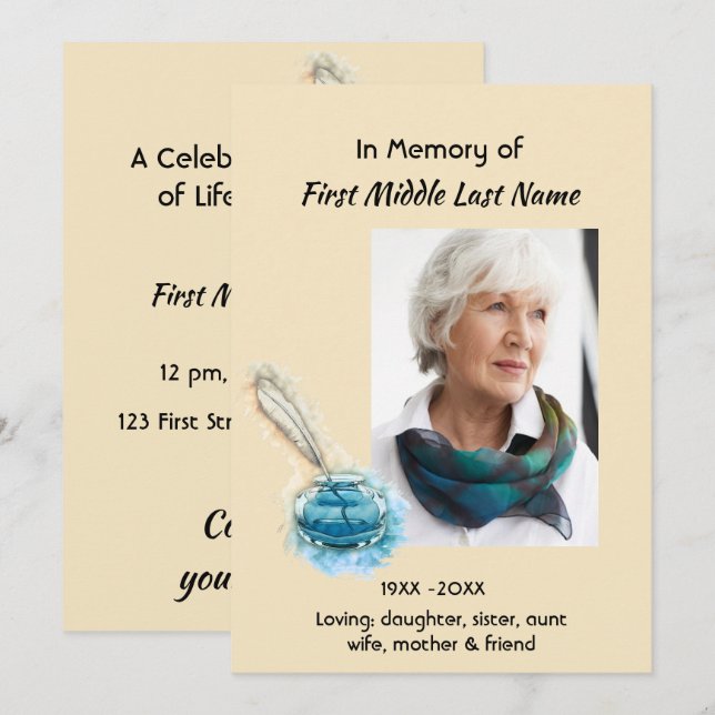 Celebration of Life Service Invite Feather Pen art Inbjudningar (Fram/baksida)
