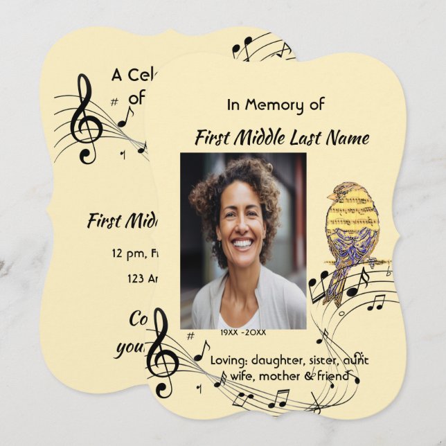Celebration of Life Service Invite Music Bird Inbjudningar (Fram/baksida)