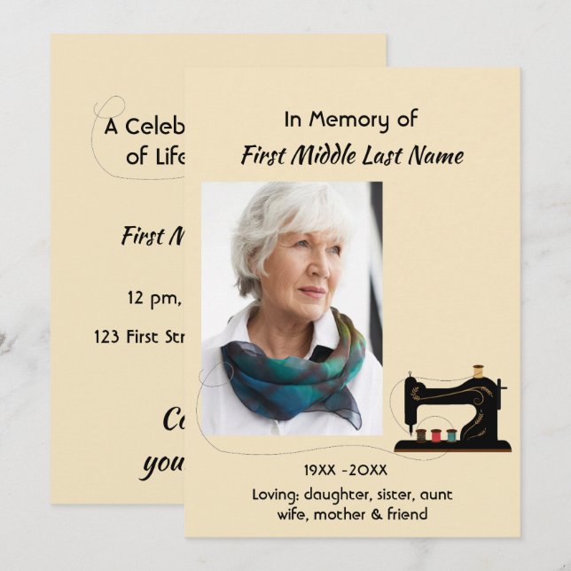 Celebration of Life Service Invite Seamstress  Inbjudningar (Fram/baksida)