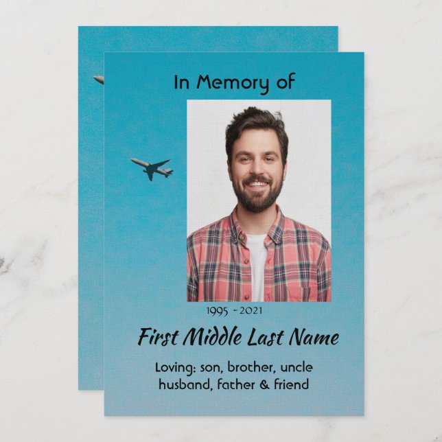 Celebration of Life Service Pilot Airplane Flying Inbjudningar (Fram/baksida)