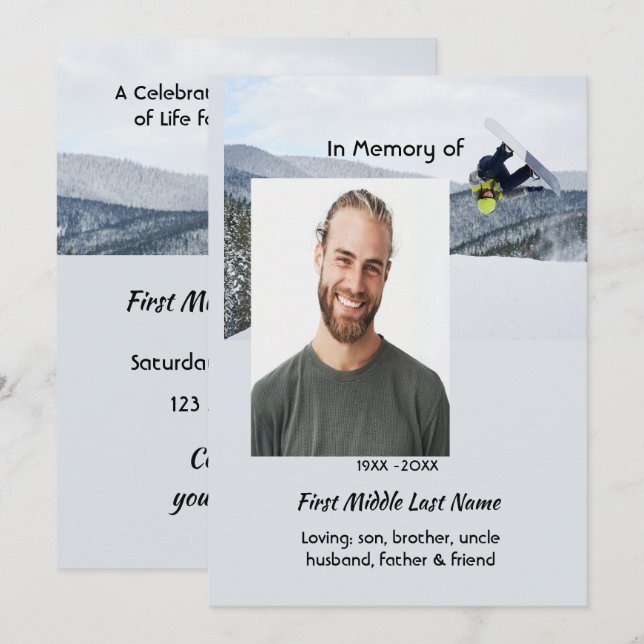 Celebration of Life Service  Snowboarding Winter Inbjudningar (Fram/baksida)