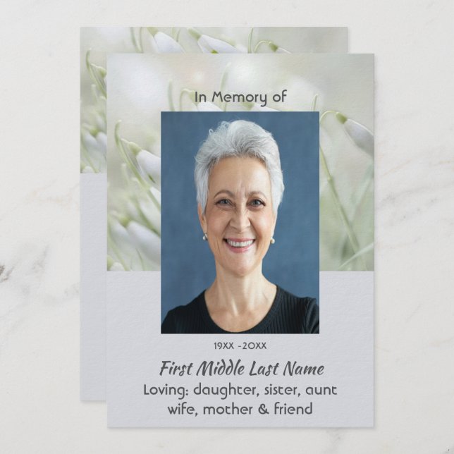 Celebration of Life Service Snowdrop Flowers Inbjudningar (Fram/baksida)