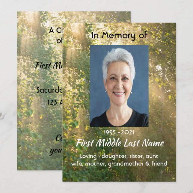 Celebration of Life Service Sunshine Golden Forest Inbjudningar (Fram/baksida)